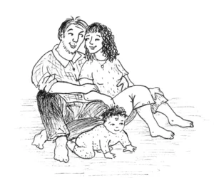 Tekening van een liefdevol gezin met kind. Gelukkige relaties staat voor duurzame relaties en een fijne gezinssituatie.